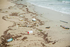 Beach pollution plastic bottles other trash sea beach rain 82604267
